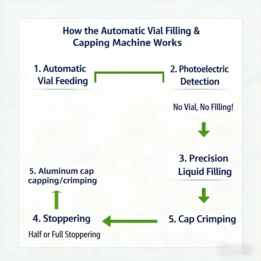 Automatic Vial Filling Stoppering and Capping Machine