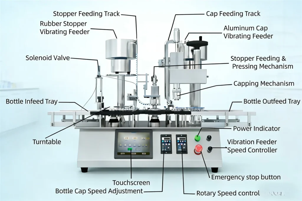 Automatic Vial Filling Stoppering and Capping Machine